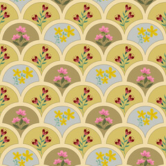 Vintage Scallop Floral Seamless Pattern Cute Botanical Fish Scale Ornament Background © Aufa Fahmi 