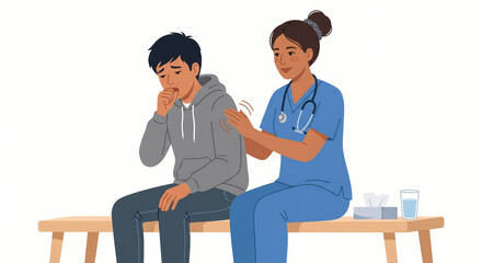 Obraz premium Empathetic nurse comforting coughing male patient during medical consultation in clinic