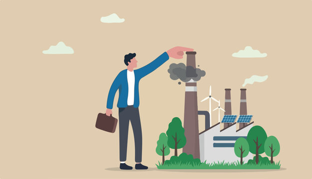 Reduce factory pollution to help stop climate change or global warming, ecology to decrease carbon dioxide an sustainability concept, business leader use finger to block, stop or clog factory chimney