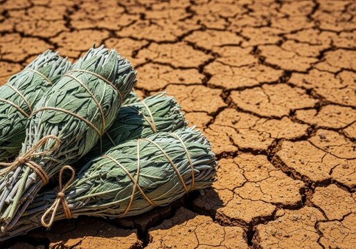 Close up of dried wild sage bundles resting on dry, textured, cracked earth showing ecological stress and natural wisdom, holistic, dried, brittle