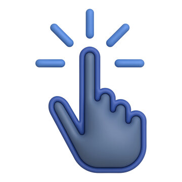 3D blue hand clicking icon vector illustration isolated on white background. Minimalist click finger cursor sign for web UI UX design, app button push, and call to action.