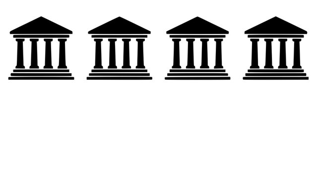 Row of four black government or institutional building icons with columns and pediment, building