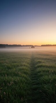 Malerischer Sonnenaufgang &uuml;ber einer weiten Wiesenlandschaft in den sanften H&uuml;geln. Morgenlicht durchflutet das ruhige, nebelverhangene Feld, H&uuml;gel, Freiraum, Horizont