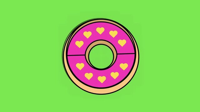 Pink Glazed Donut with Yellow Heart Sprinkles on Green Background