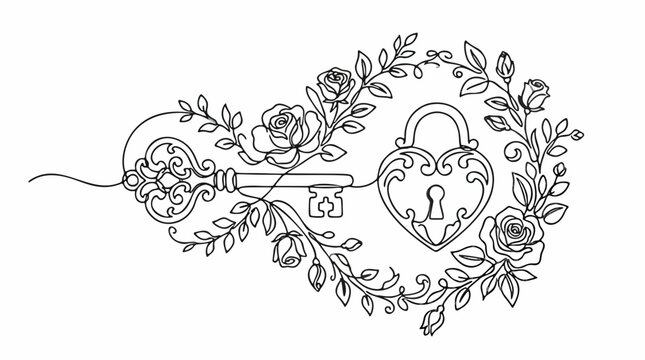 Continuous one line drawing of a vintage key and heart shaped padlock with romantic rose floral wreath