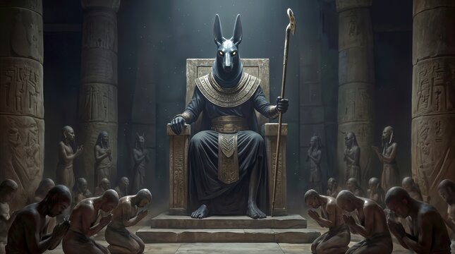 Jackal-headed deity Anubis sitting on stone throne in ancient temple. Followers kneeling and praying before Egyptian god in dark hall with hieroglyphic pillars.