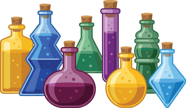 Magic Potion Bottle Set with Colorful Alchemy Elixirs and Cork Stoppers for Fantasy Game UI Design Vector Flat Graphic Illustration
