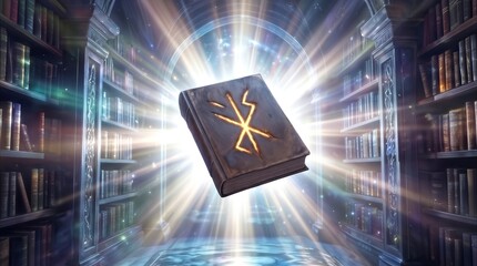 Fototapeta premium Ancient leather book with glowing rune floating in mystical library. Magical tome emitting bright light beams between bookshelves in fantasy archive.