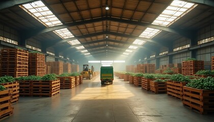 Fototapeta premium Rows of wooden crates filled with green produce stacked high inside large industrial warehouse. Sunlight streams through skylights illuminating forklift, truck, indicating active logistics,