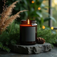 Fototapeta premium Amber glass candle with blank label sits on stone. Lit flame glows warmly amid green pine branches and dried grass stalks. Soft bokeh lights fill the background.
