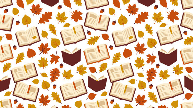 Autumn leaves and open books seamless pattern for fall education background.