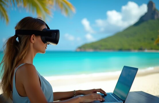 Woman uses VR headset and laptop on tropical beach. Remote work on vacation combines virtual meetings with ocean views and island landscape. Digital nomad lifestyle.