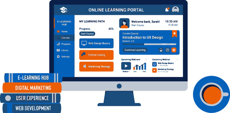 E learning hub interface on computer screen with courses and books stacked.