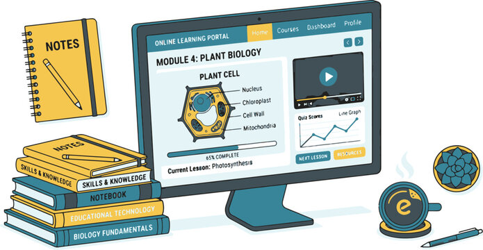 Online learning portal with plant biology module on computer screen and books.
