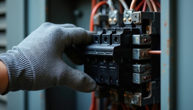Gloved hand inserts circuit breaker into electrical panel. Safety work on power distribution system. Electrician repairs wiring at load center. Home electrical maintenance.
