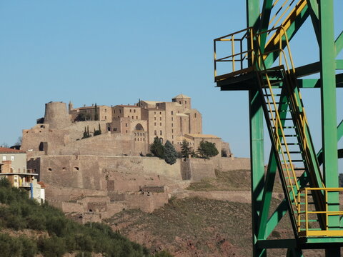 Cardona castle medieval fortress with salt mine crane