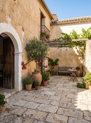 Naklejka premium Tranquil Mediterranean Courtyard with Stone Pathway and Lush Greenery Under Clear Blue Sky