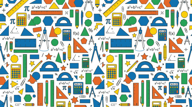 Mathematics seamless pattern with school geometry tools and algebraic formulas.
