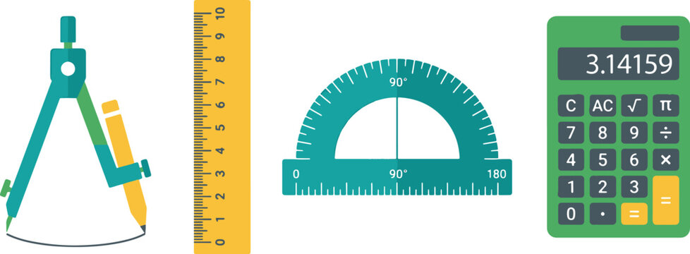 Geometric measuring tools and green calculator illustration on grid background.