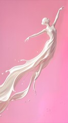 Fototapeta premium Ballerina figure formed from splashing white liquid against pink background. Artistic representation of dance and fluid motion.