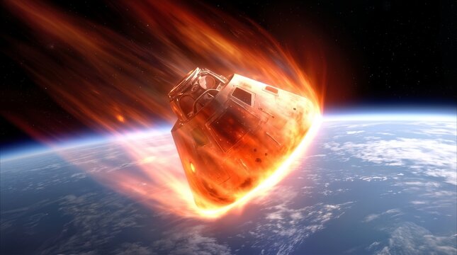 Space capsule reentering Earth's atmosphere with intense heat shield glow. Atmospheric reentry of command module creating plasma trail above planet horizon.