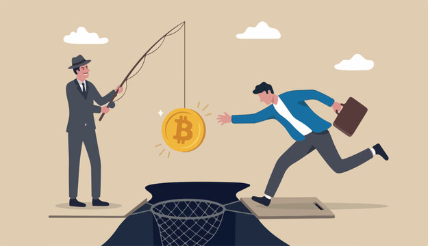 Crypto scams or fraud, liar create ICO initial coin offering to baiting greed investors or trader concept, greedy businessman running to grab bating cryptocurrency coin scam