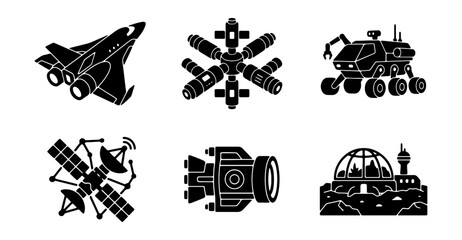 Space exploration glyph icons set of 6 vector elements, black silhouette spacecraft and lunar base graphics, futuristic galaxy mission symbols © Md
