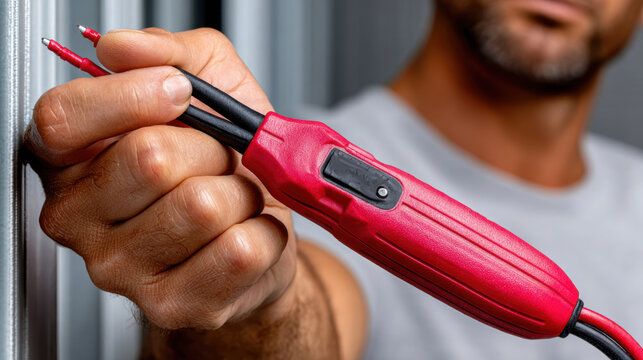 Close up electrician testing wiring with red voltage tester probe for electrical safety poster and troubleshooting guide background