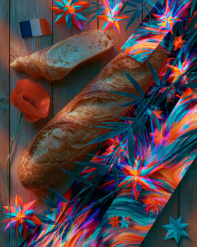 Patriotic Baguette and Croissant Flat Lay with Poppy and Origami