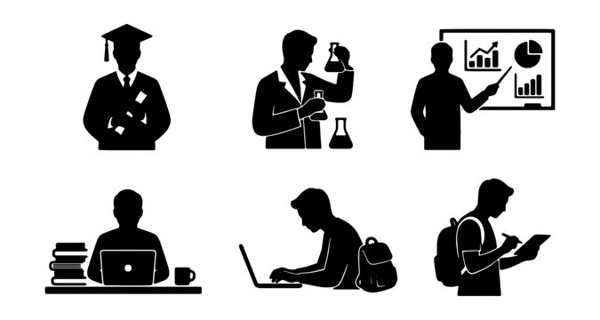 Education and science silhouette icons set, academic student and professor characters, university learning and research vector illustrations