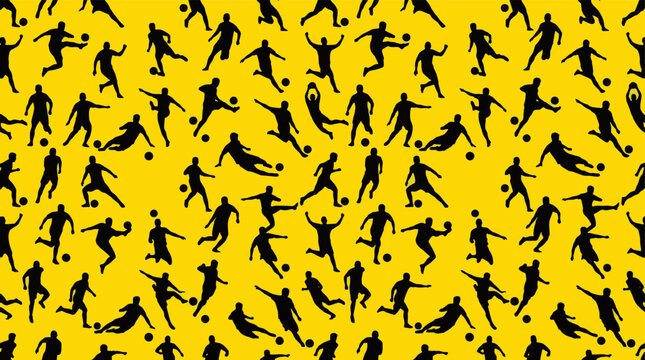 Seamless pattern with silhouettes of male football players on yellow background.
