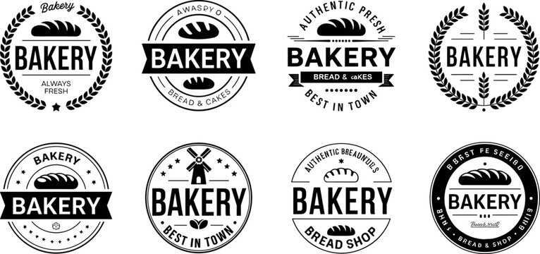 Collection of vintage bakery logo templates featuring bread silhouettes, wheat, and classic badges for authentic bread shops