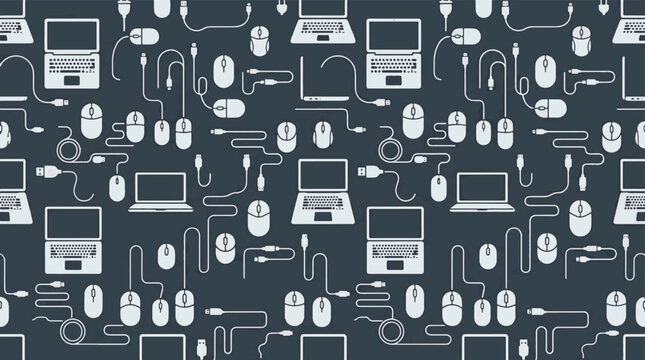 Computer technology seamless pattern with laptops mouses and usb cables icons.
