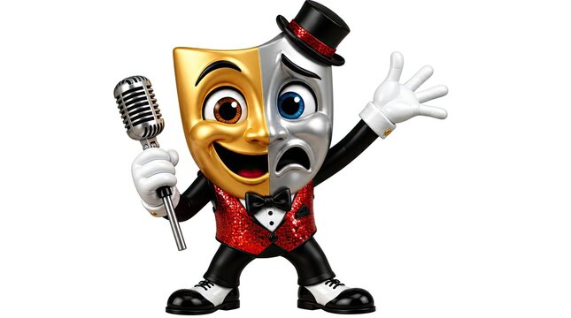 Drama mask character in tuxedo with a microphone.