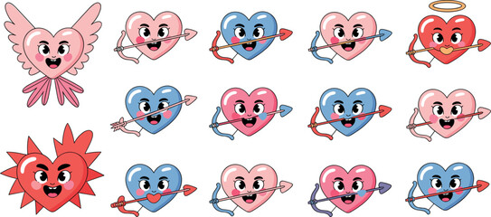 Naklejka premium Collection of cute cartoon heart characters with wings, halos, and bows as cupids for Valentine's day designs