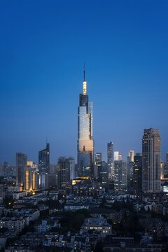 Zifeng Tower and Nanjing skyline at blue hour
