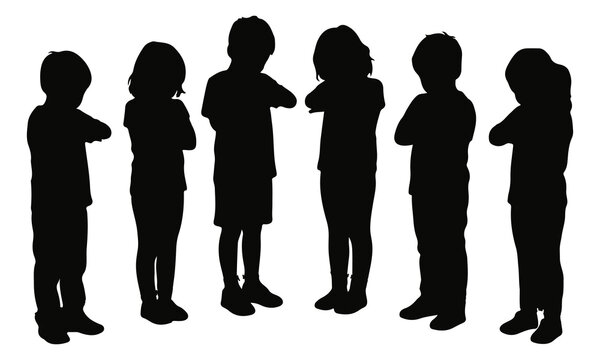 Silhouettes of multiple children, both boys and girls, standing with arms crossed, conveying defiance, shyness, or waiting in a group.