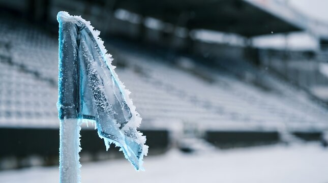 Frozen stadium corner flag heavily covered in sharp frost and icicles conceptualizing abandoned sports arenas during winter break