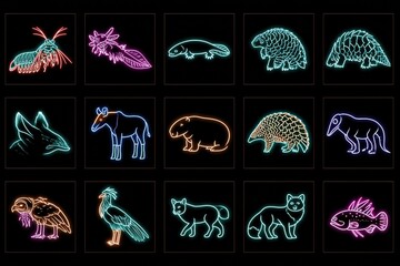 Naklejka premium A collection of ten neon outline icons representing various animals displayed on black tiles in a grid layout showing diverse types.