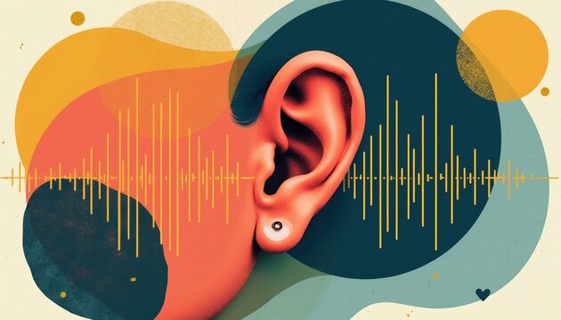 Human ear graphic displays sound wave equalizer. Abstract shapes and boho textures frame audio hearing concept. Audiology symbol for ear health awareness.