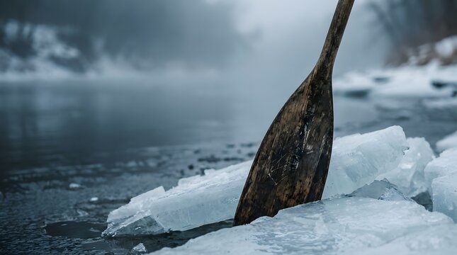 Worn wooden paddle stuck in cracked river ice illustrating halted outdoor expeditions and extreme winter survival
