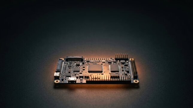 Compact edge computing board glowing on dark surface