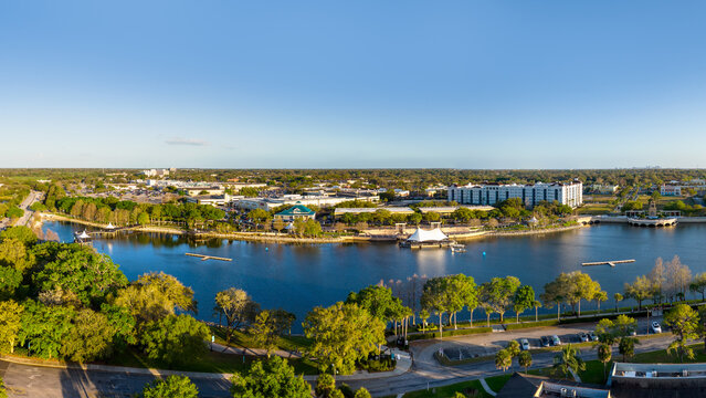 Aerial View of Cranes Roost Park and the Surrounding Suburban Cityscape in Altamonte Springs, Florida, USA. June 3, 2022.