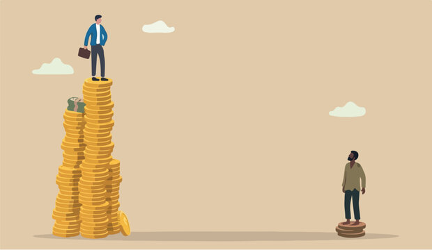 Economic inequality gap unfairness income, different money people being paid concept, white rich businessman standing on high salary coins tower with poor black man on low coins stack