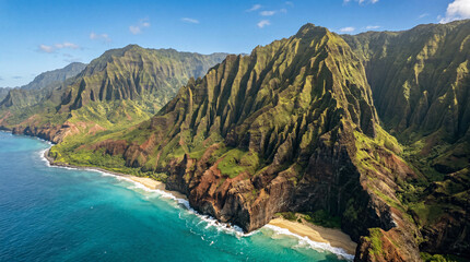 Sweeping aerial view of the Nā Pali Coast and secluded beaches, Kauaʻi © Peter