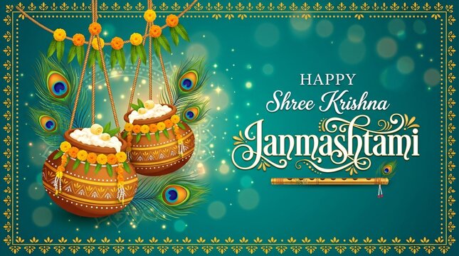 Festive digital banner with a vibrant and celebratory style, featuring a teal background with a subtle bokeh effect. The layout includes two traditional clay pots, known as 'matkas,' hanging from stri