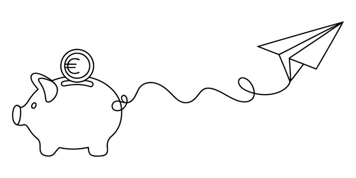 Piggy bank with euro coin and paper plane line drawing