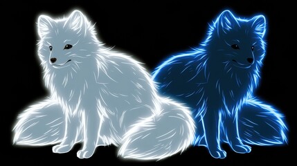 Fototapeta premium Two arctic foxes with neon glow are displayed side by side in winter white and summer blue forms against a black background showing seasonal change