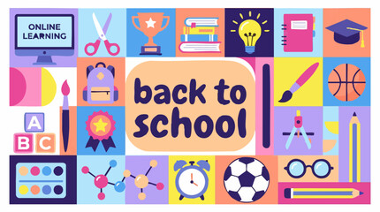 Fototapeta premium Back to School Online Learning Education Icons and Supplies Grid