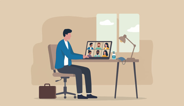 Work from home video conference meeting with team social distancing Coronavirus COVID-19 pandemic concept, office guy stay to home working at home chair conference meeting with team laptop computer